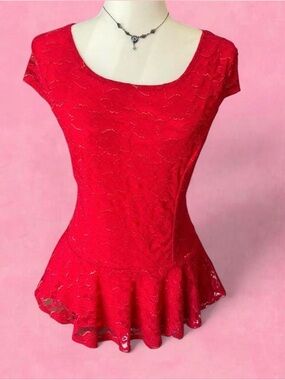 BCX Red Lace Peplum Tunic Top - Scoop Neck